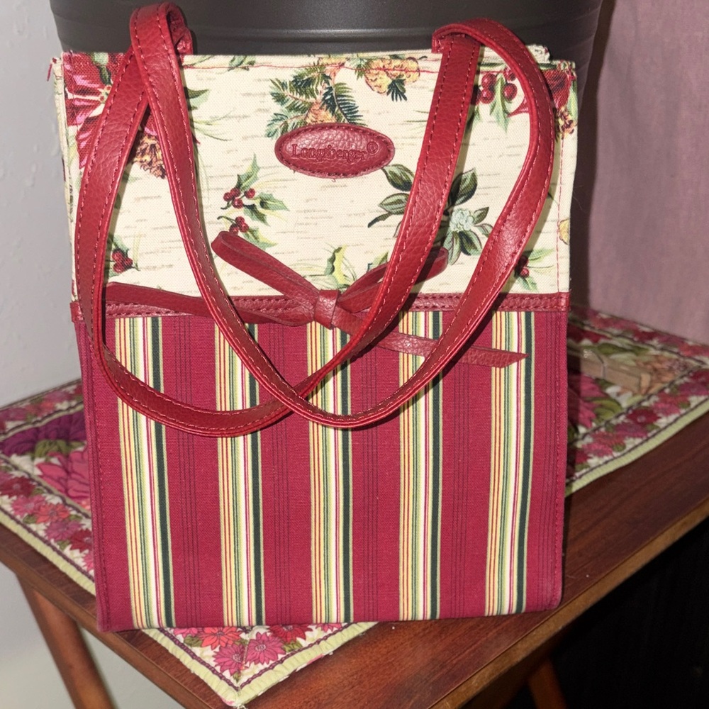 Longaberger Vintage Holiday Stripe And Botanical Fabric Small Tote Bag NWOT